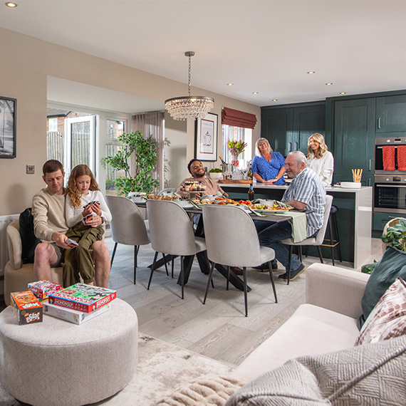 Story Homes garden party kitchen dining family area in The Hewson